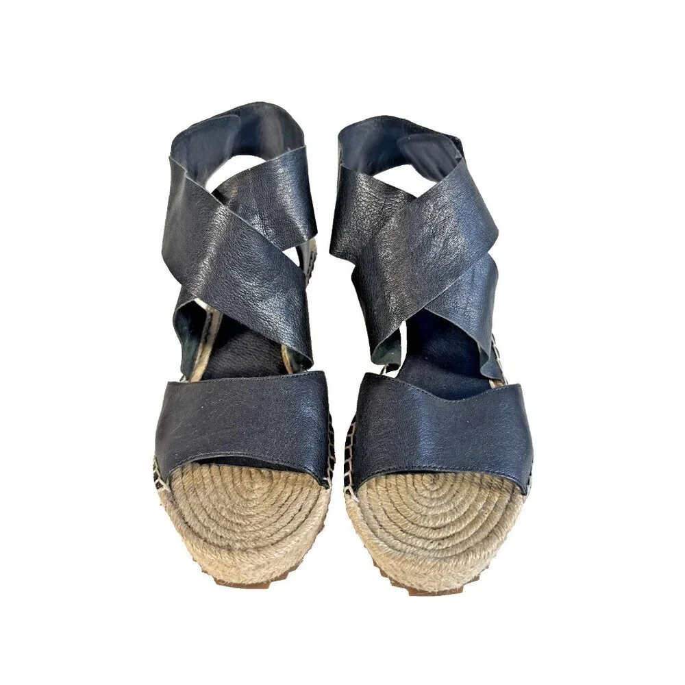 Eileen Fisher Black Leather Willow Espadrille Wedge Heels Women's Size 9.5 Boho